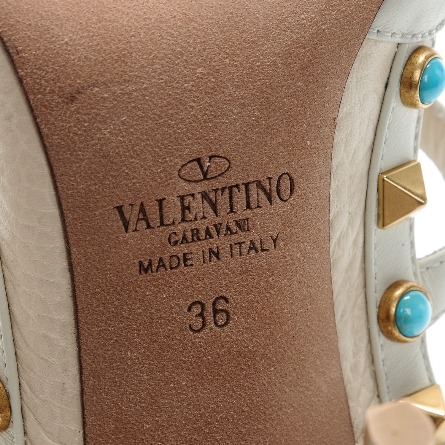 Valentino Garavani Pebbled Calfskin Turquoise Rockstud Rolling Ankle Strap 100mm Pumps 36 Ivory 7 of 9