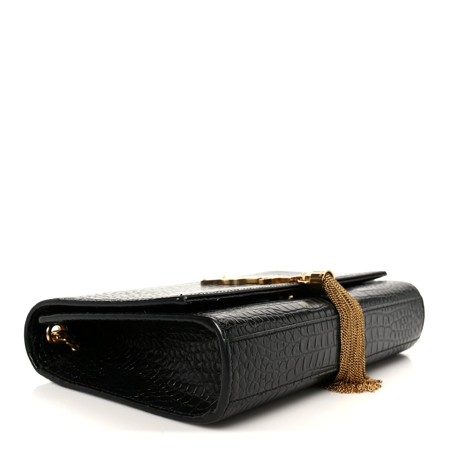 Calfskin Crocodile Embossed Medium Classic Monogram Kate Tassel Satchel Black