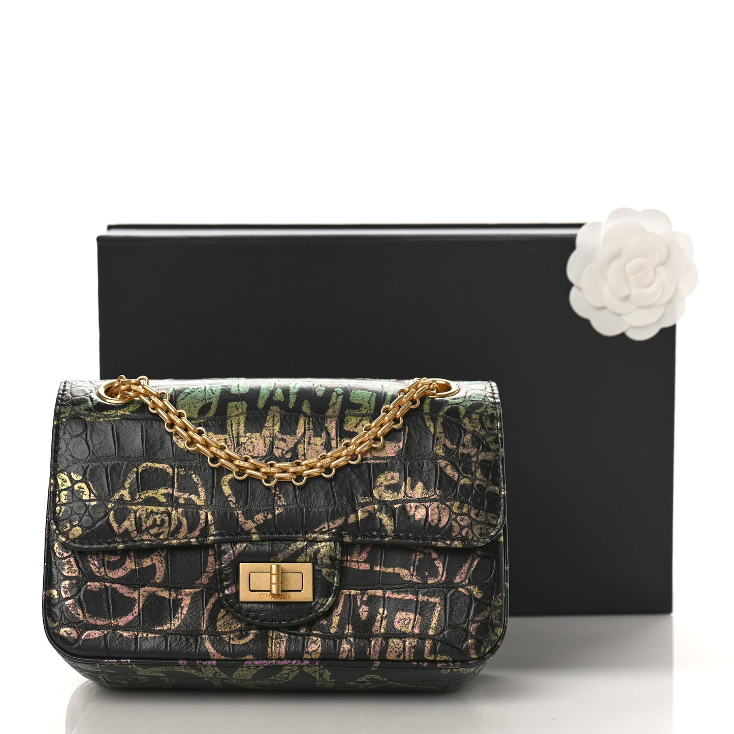 Calfskin Crocodile Embossed Graffiti 2.55 Mini Cocodile Reissue Flap Black Pink