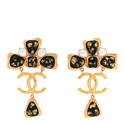Chanel Resin Pearl Gripoix CC Drop Earrings Gold Black Pearly White 1 of 4