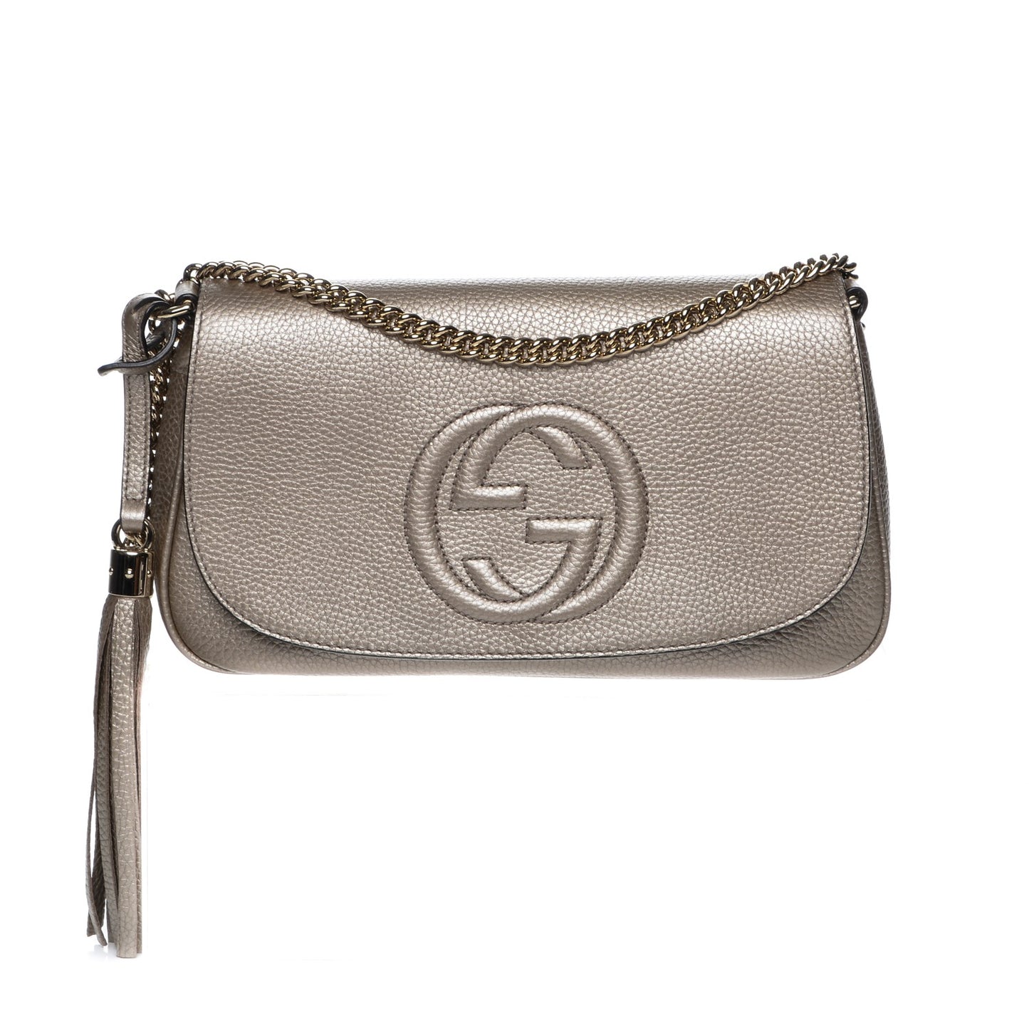 Metallic Pebbled Calfskin Medium Soho Flap Crossbody Golden Beige