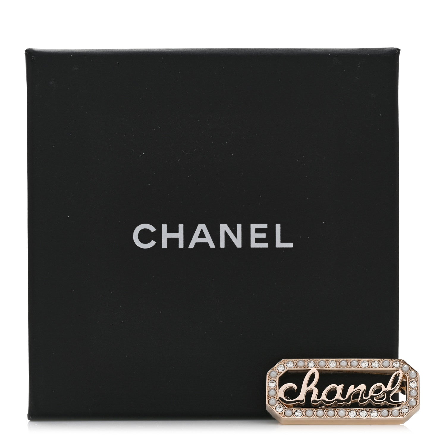 Chanel Crystal Pearl Logo Brooch Gold White 5 of 5