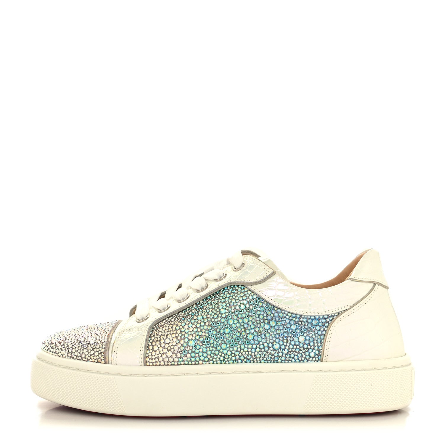 Christian Louboutin Metallic Strass Crocodile Embossed Louis Junior Flat Sneakers 38 White Silver 1 of 8