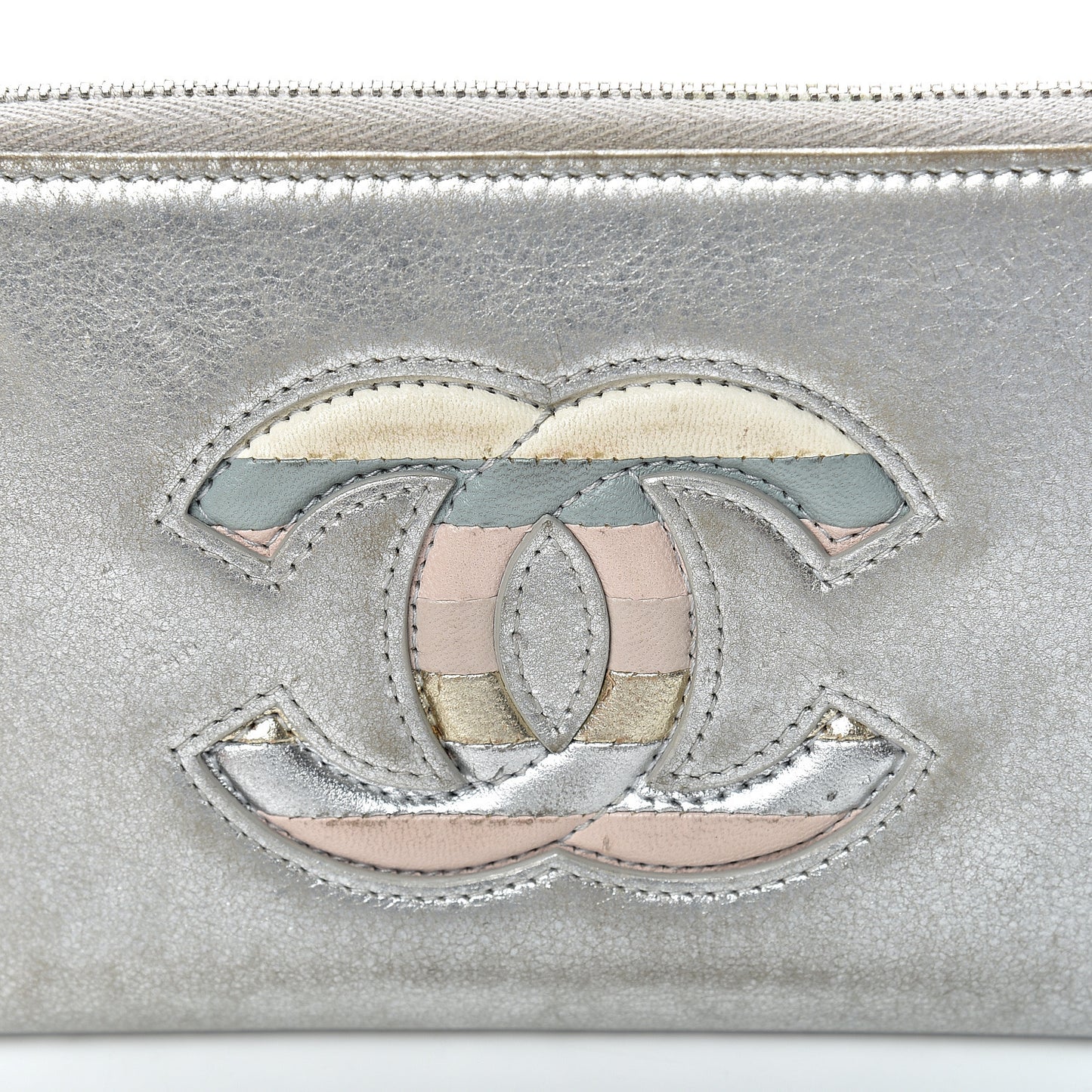 Metallic Calfskin Large Zip Around Wallet Silver