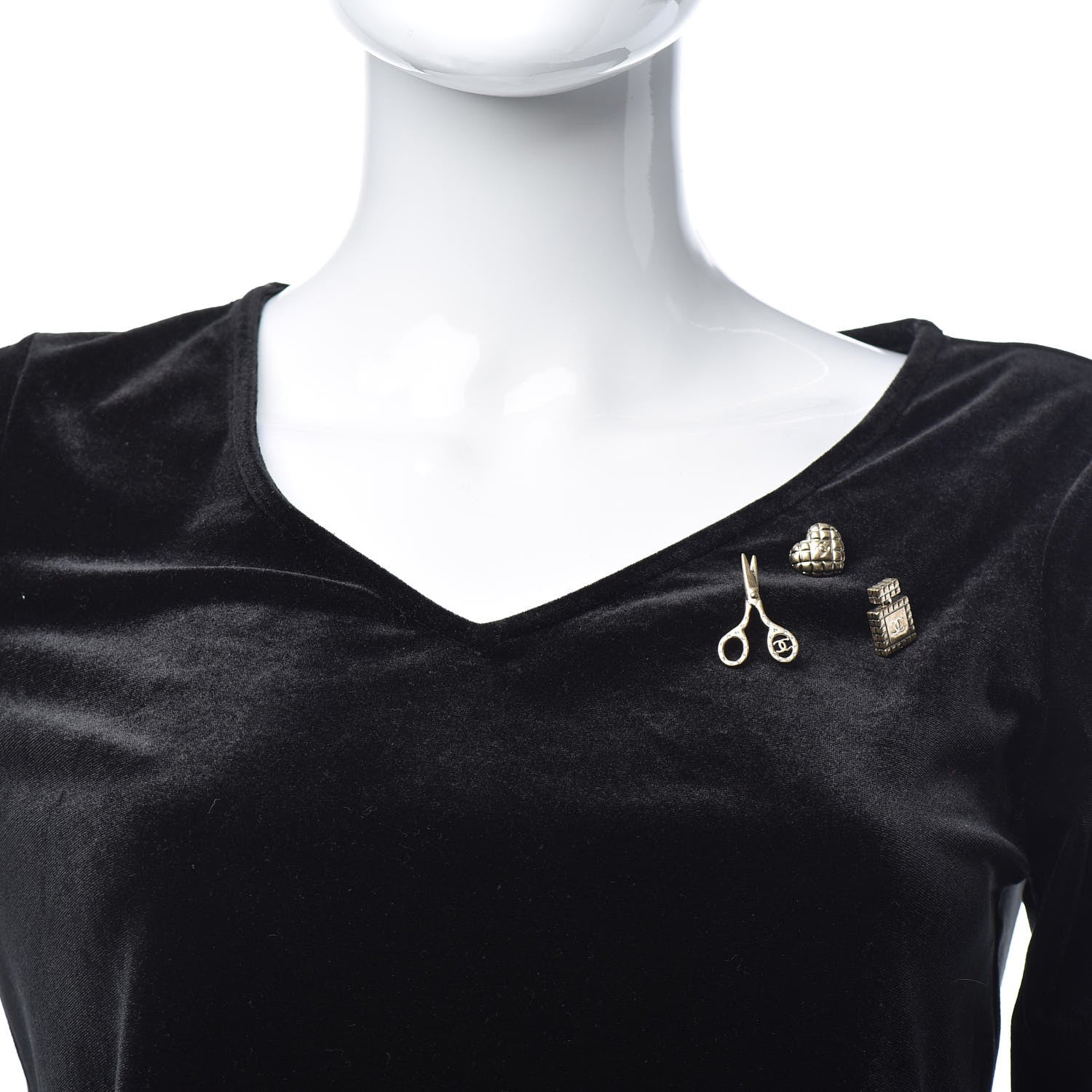 Chanel Metal Strass Crystal Quilted CC Heart Scissors Perfume Brooch Set Gold 2 of 5