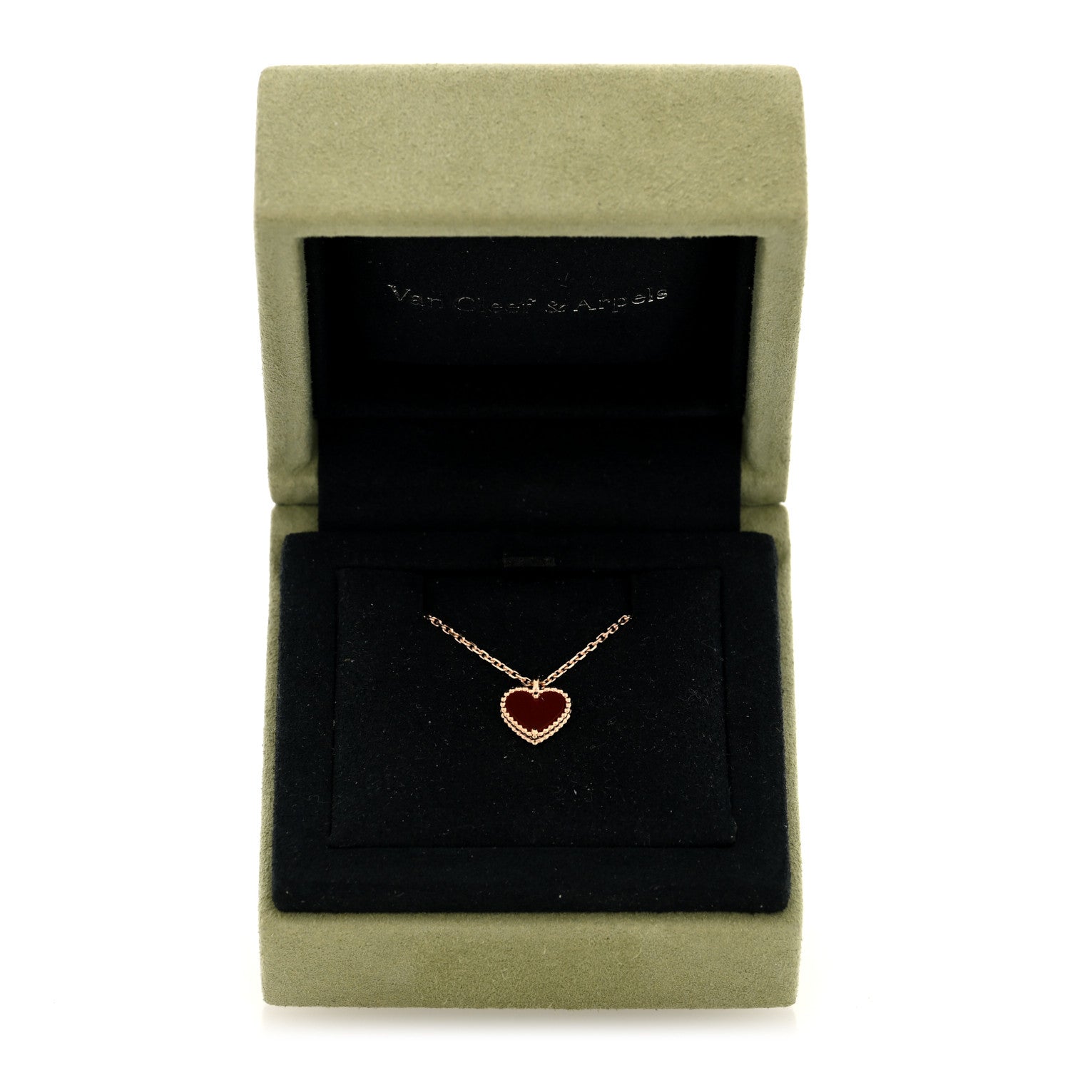 Van Cleef & Arpels 18k Rose Gold Carnelian Sweet Alhambra Heart Pendant Necklace 5 of 5