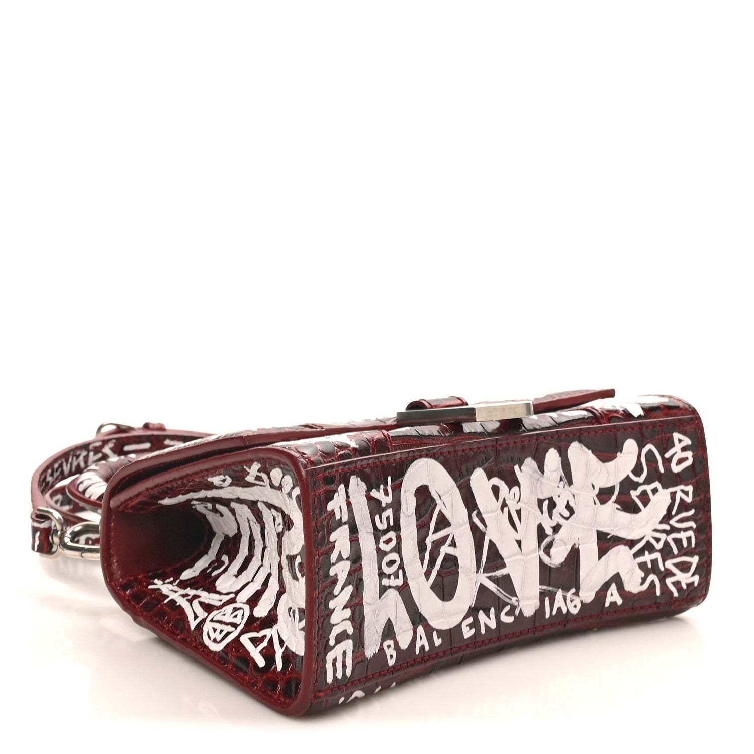 Balenciaga Crocodile Embossed Calfskin Graffiti Hourglass Top Handle Bag XS Dark Red White 4 of 9