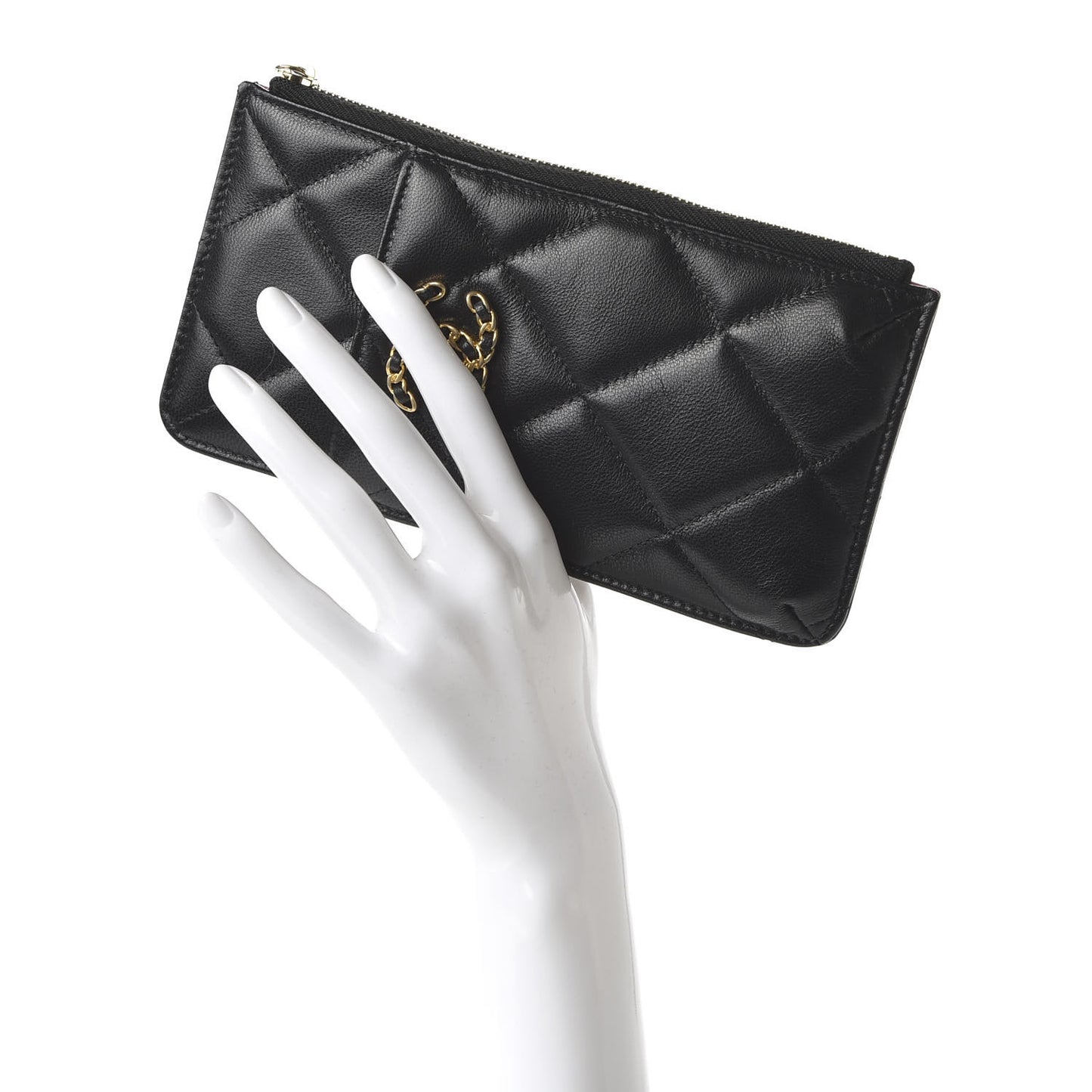 Shiny Goatskin Quilted 19 Flat Wallet Pouch Black