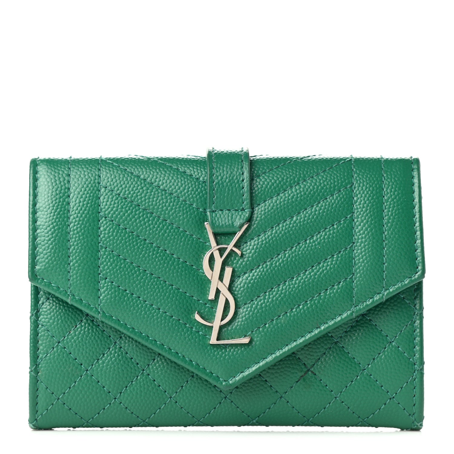 Saint Laurent Grain De Poudre Textured Mixed Matelasse Triquilt Small Monogram Envelope Wallet Green Field 1 of 9
