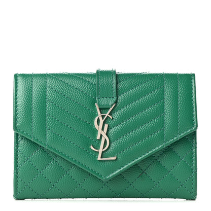 Saint Laurent Grain De Poudre Textured Mixed Matelasse Triquilt Small Monogram Envelope Wallet Green Field 1 of 9