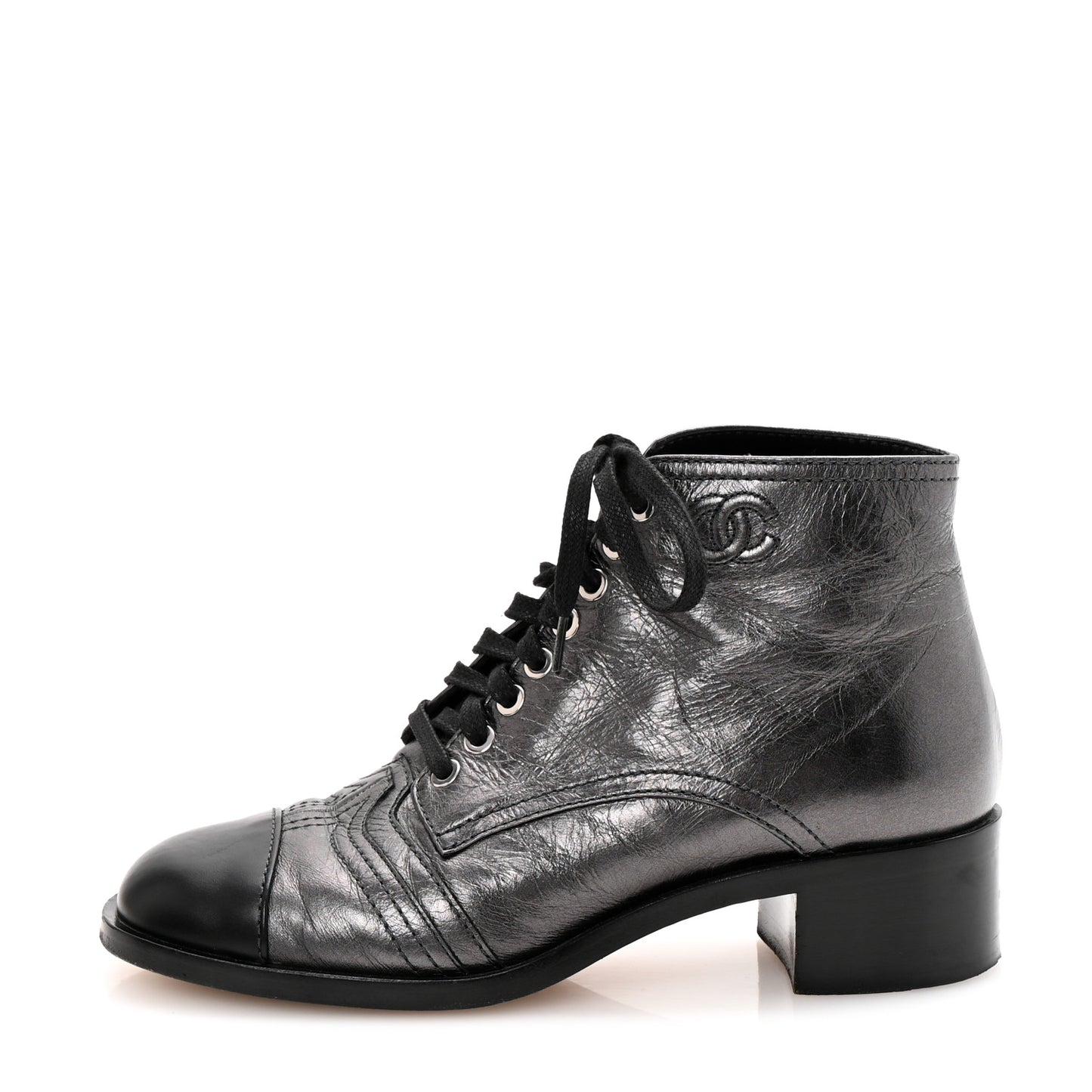 Crumpled Calfskin CC Lace Up Boots 37 Grey Black