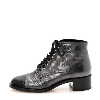 Chanel Crumpled Calfskin CC Lace Up Boots 37 Grey Black 1 of 11