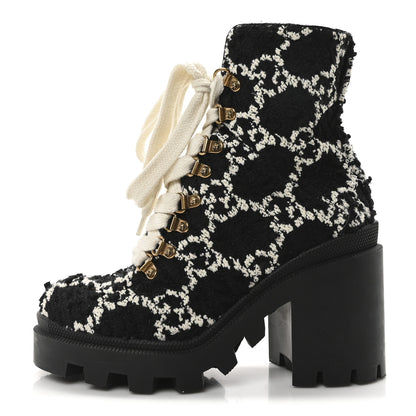 Gucci Tweed GG Monogram Lace Up Combat Ankle Boots 36.5 Black 1 of 8