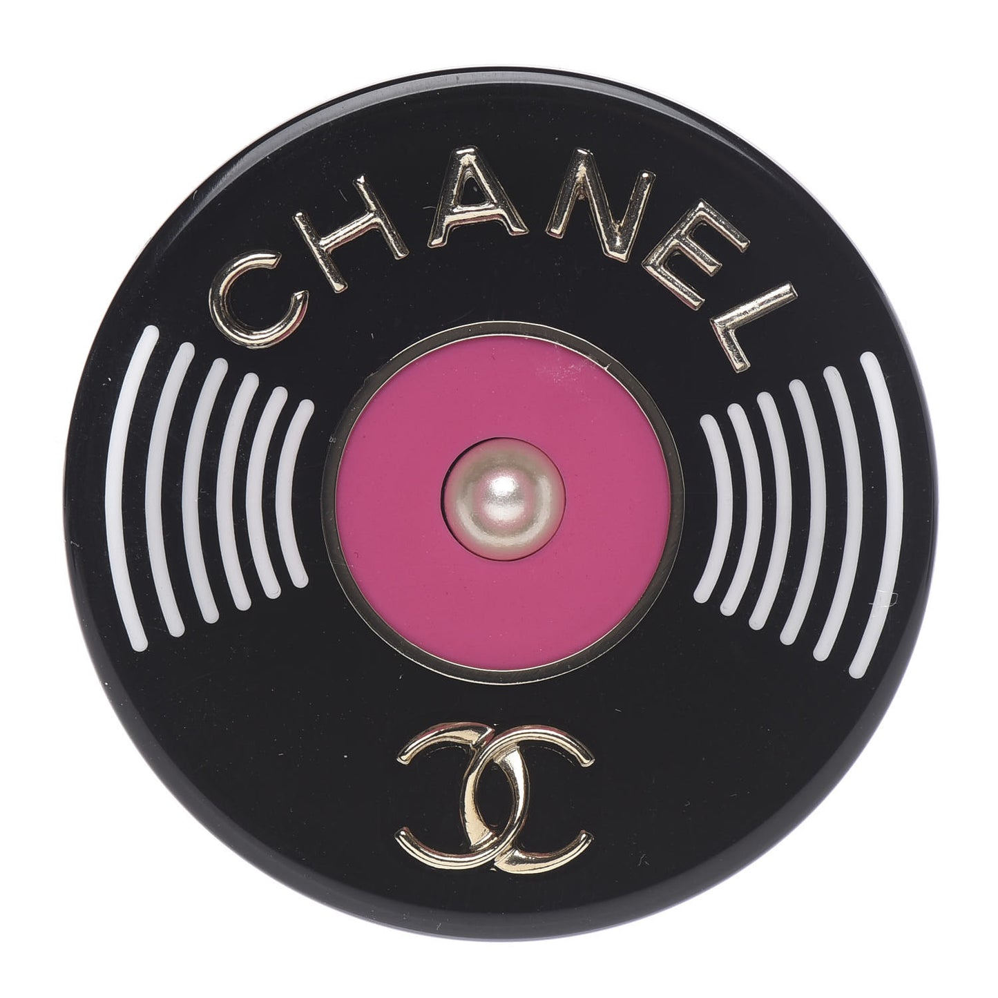 Resin Pearl Metal CC Record Brooch Gold Black Pink Pearly White