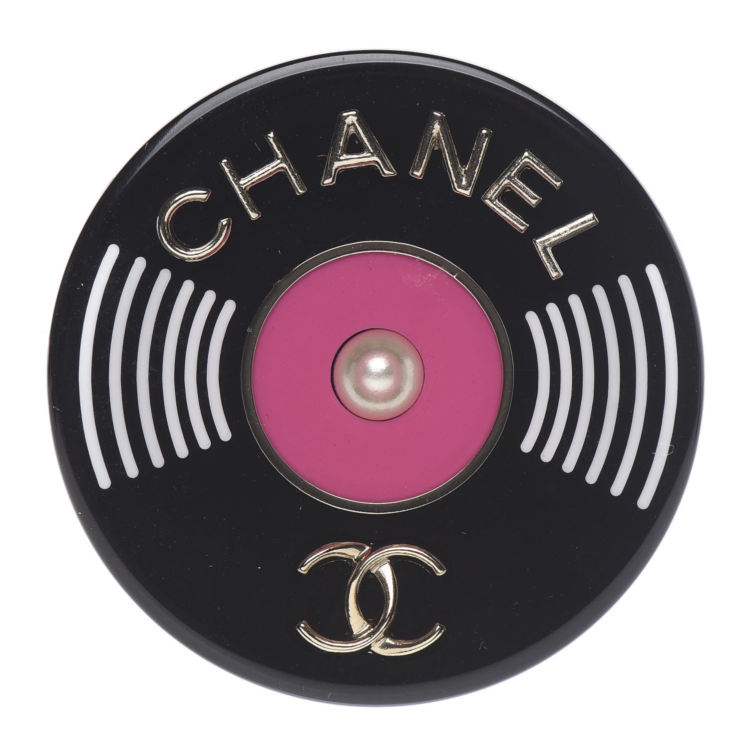 Chanel Resin Pearl Metal CC Record Brooch Gold Black Pink Pearly White 1 of 3