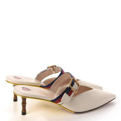 Gucci Malaga Kid Sylvie Web Bamboo Low Heel Mules 39 White 4 of 10