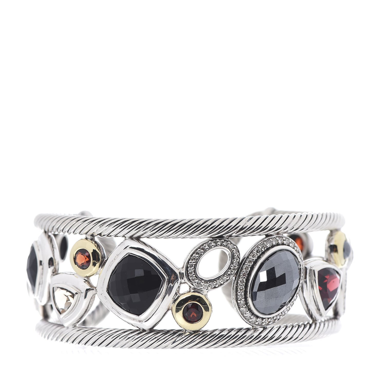Sterling Silver 18K Yellow Gold Diamond Garnet Hematite Onyx Smoky Quartz Mosaic Cuff Bracelet