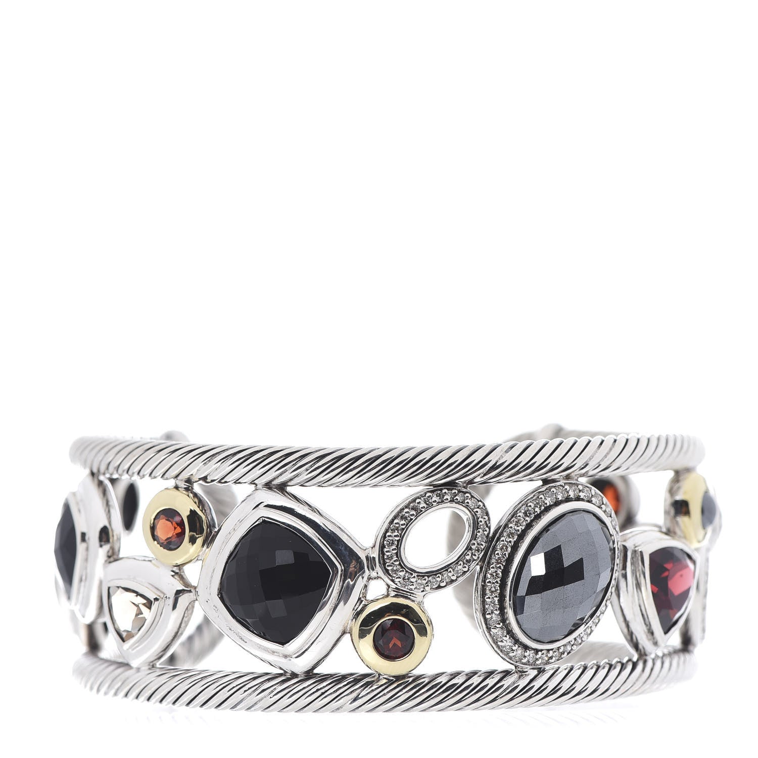 David Yurman Sterling Silver 18K Yellow Gold Diamond Garnet Hematite Onyx Smoky Quartz Mosaic Cuff Bracelet 1 of 5