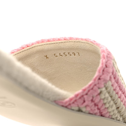 Chanel Crochet Striped Enamel Camellia Mules Sandals 37.5 Ivory Pink 6 of 9