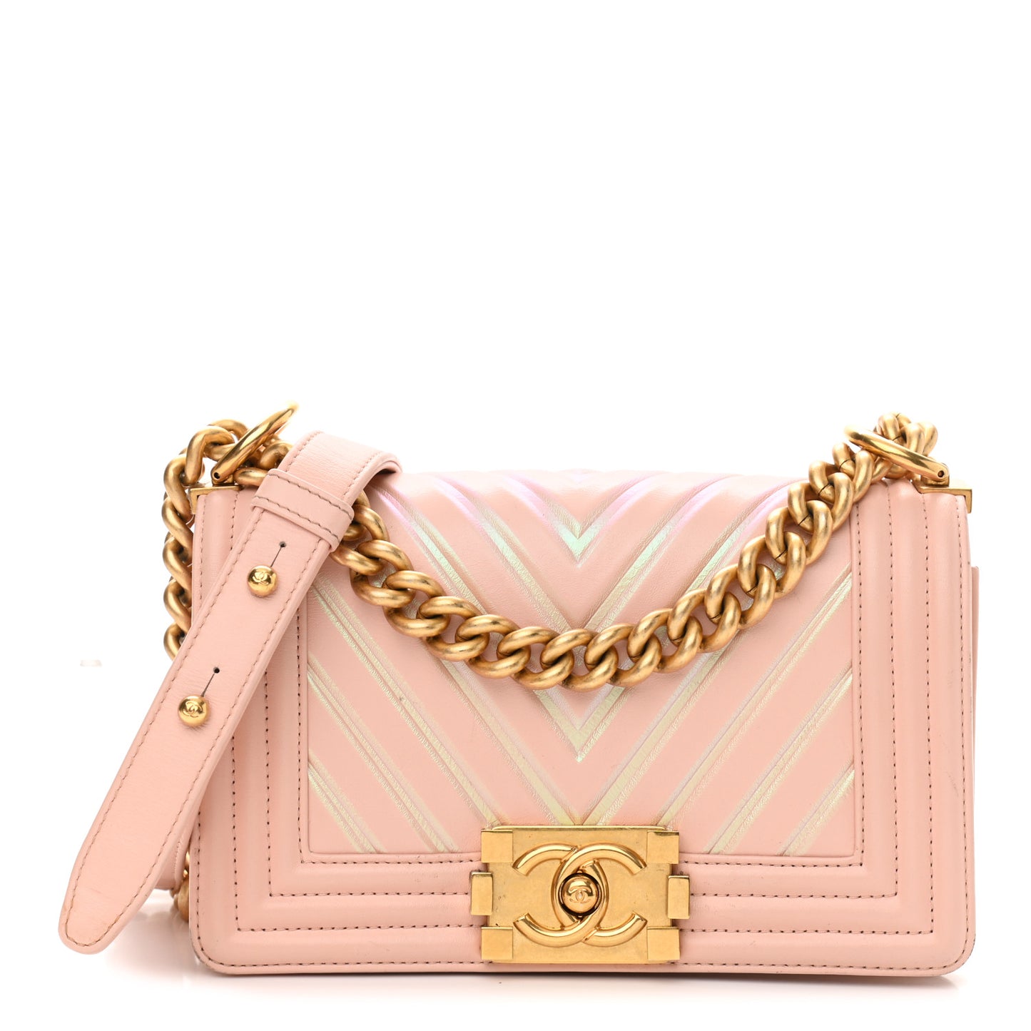 Calfskin Painted Chevron Embossed Small Boy Flap Ivory