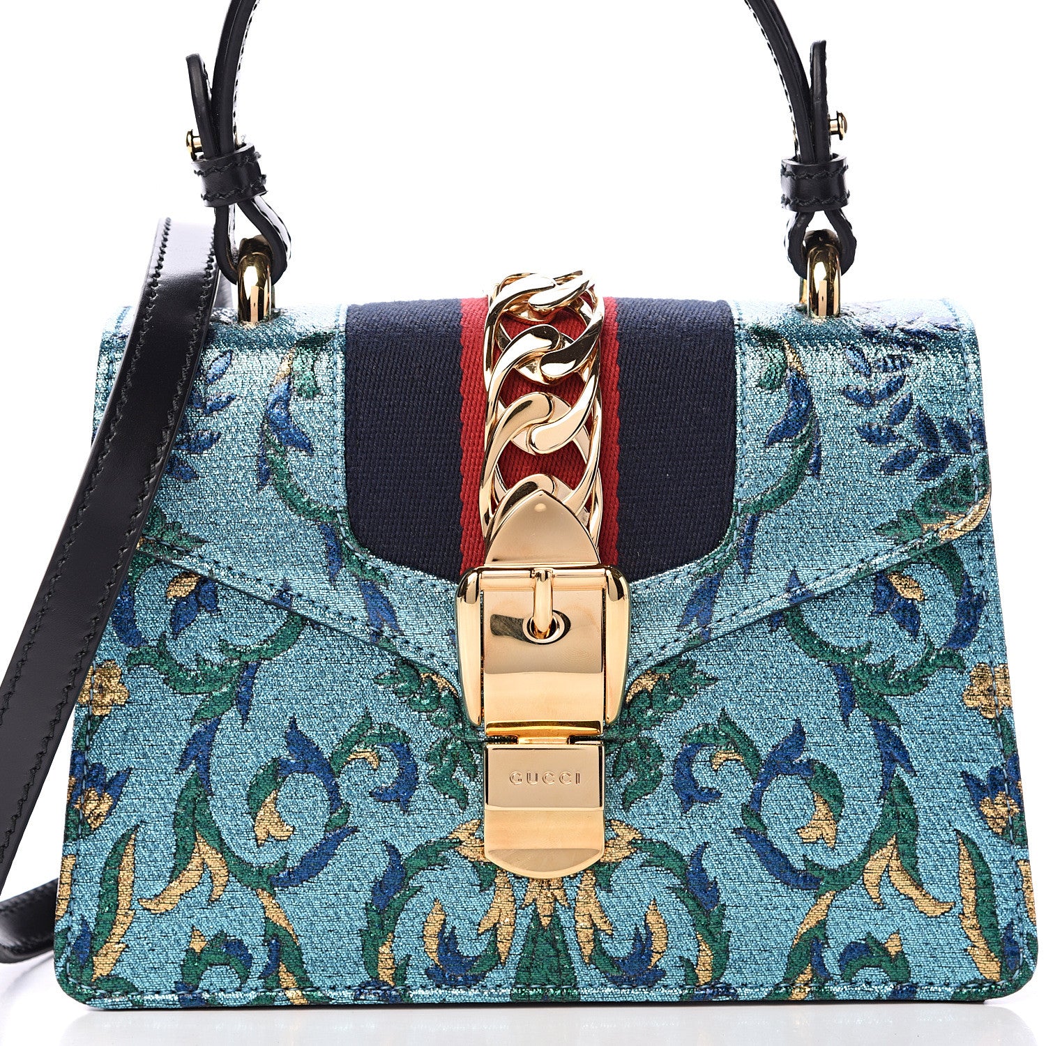 Gucci Iridescent Brocade Mini Sylvie Top Handle Bag Azure 7 of 12