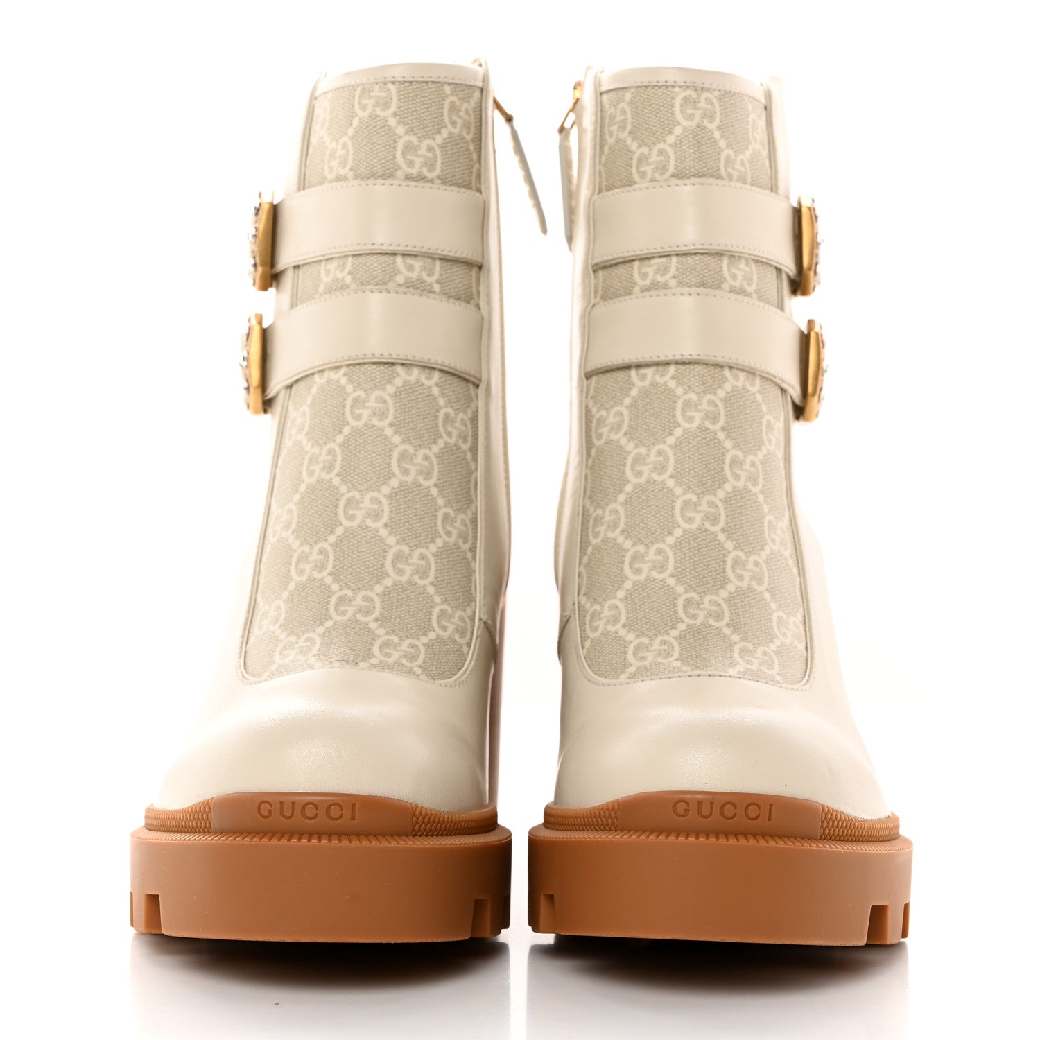 Gucci Kensington Calfskin Nappa GG Supreme Monogram Womens Double Buckle Ankle Boots 41.5 Mystic White Beige 2 of 17