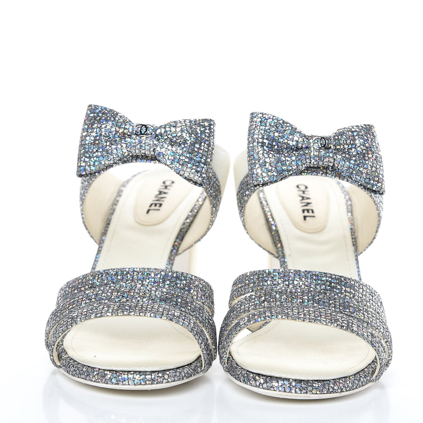 Metallic Fabric Velvet Bow Mules 39 Silver Ivory