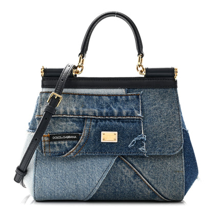 Dolce & Gabbana Calfskin Denim Patchwork Mini Miss Sicily Satchel Blue 7 of 9