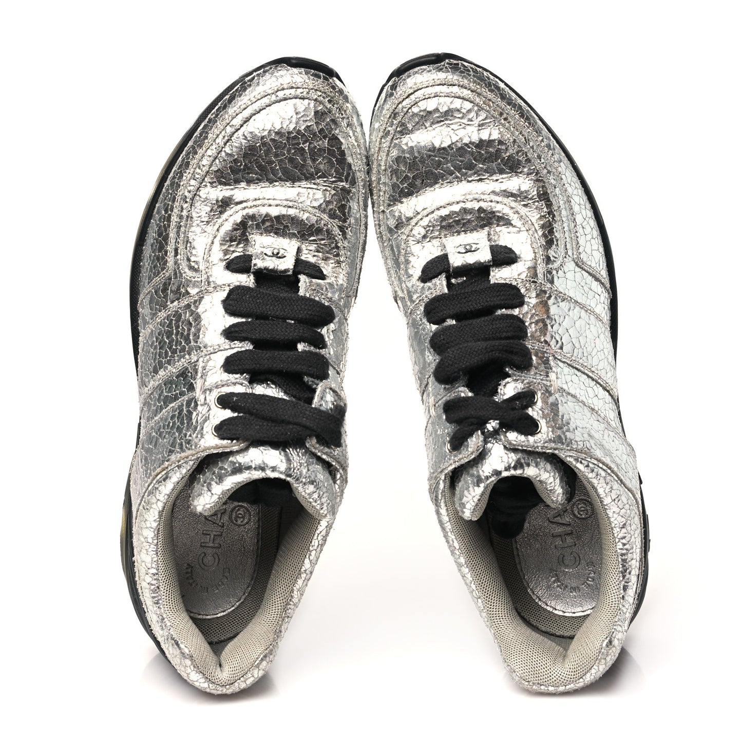 Metallic Crackled Calfskin CC Sneakers 39.5 Silver Black Navy