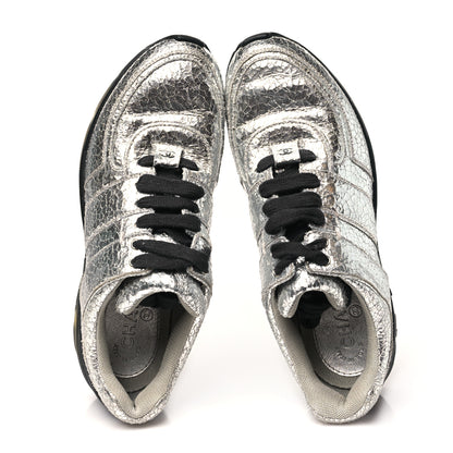 Chanel Metallic Crackled Calfskin CC Sneakers 39.5 Silver Black Navy 2 of 9