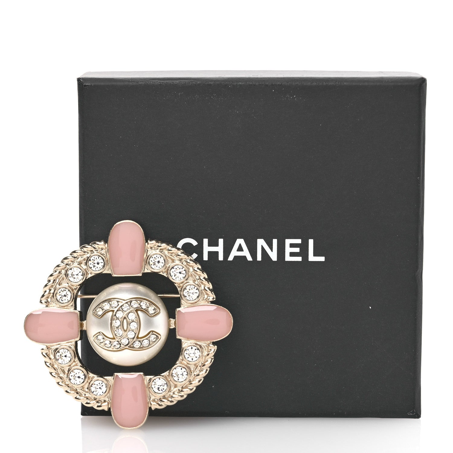 Chanel Crystal Pearl Enamel CC Brooch Gold Pink 4 of 4