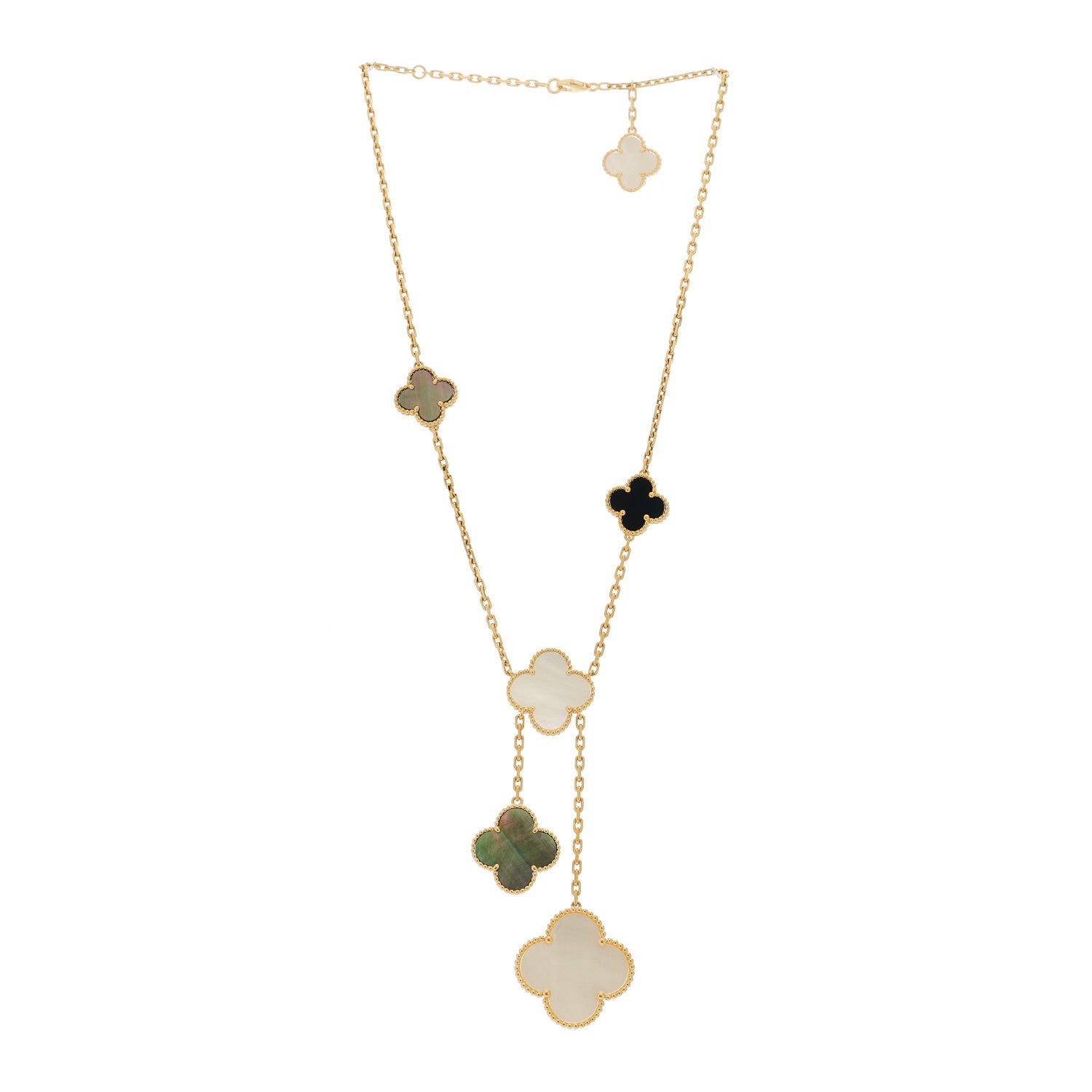 Van Cleef & Arpels 18K Yellow Gold Mother of Pearl Onyx 6 Motifs Magic Alhambra Necklace 3 of 6