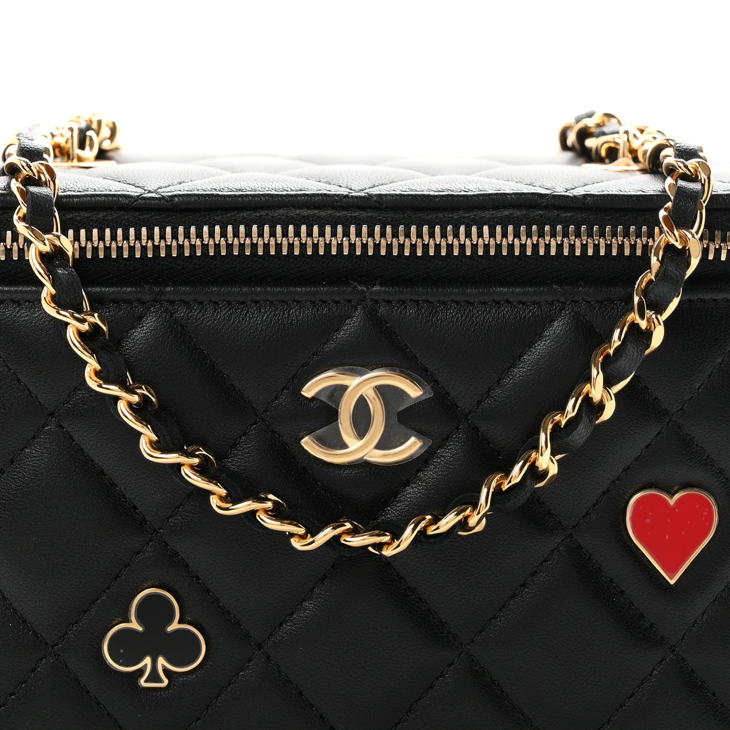 Lambskin Quilted Enamel Coco Casino Small Vanity Case With Chain Black