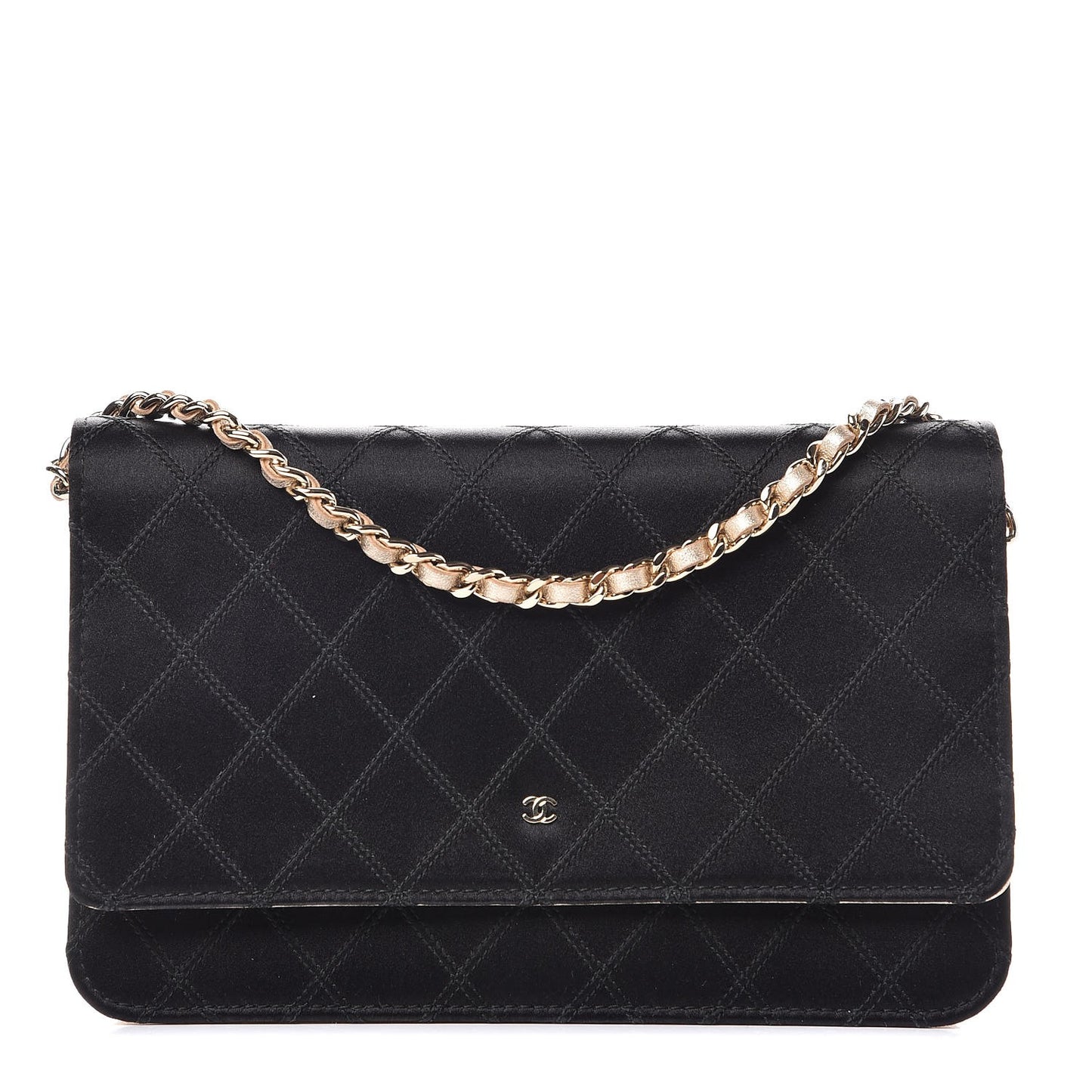 Satin Diamond Stitch Wallet On Chain WOC Black Gold