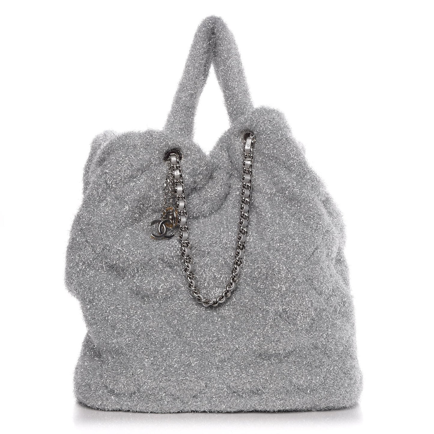 Knit Metallic Lambskin Large Shopping Tote Silver