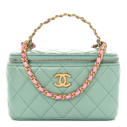 Chanel Shiny Calfskin Quilted Small Top Handle Vanity Case With Chain Light Green 1 of 12