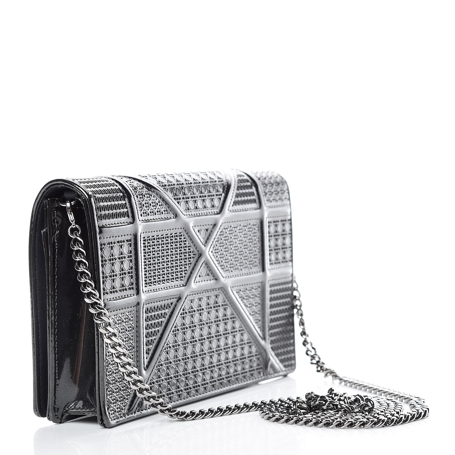 Christian Dior Metallic Patent Micro-Cannage Diorama Wallet on Chain Pouch Black 3 of 9