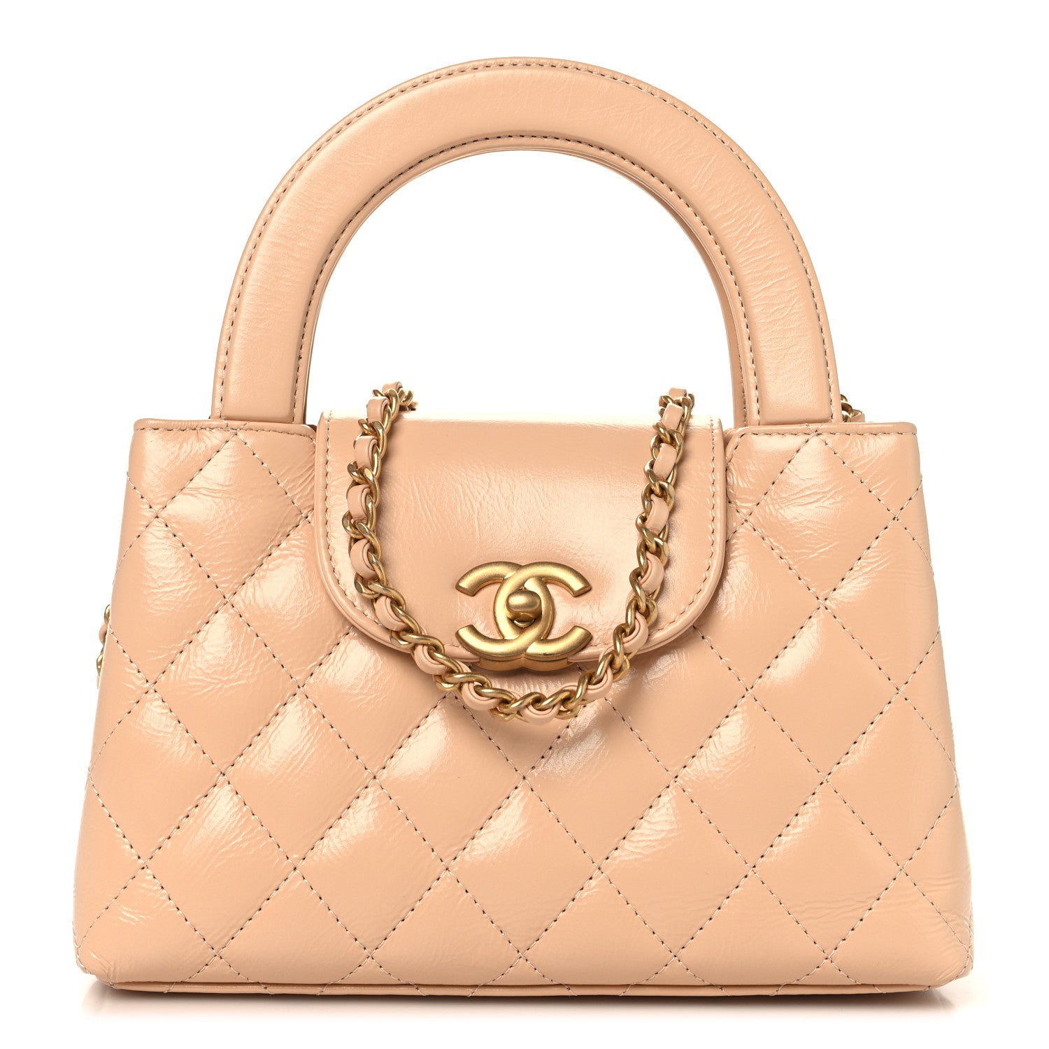 Chanel Shiny Aged Calfskin Quilted Nano Kelly Shopper Beige