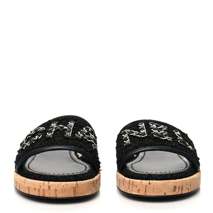 Chanel Tweed Cork CC Chain Mule Sandal 37 Black 2 of 9