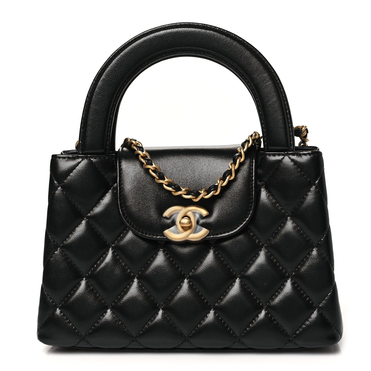 Shiny Aged Calfskin Quilted Nano Kelly Shopper Black