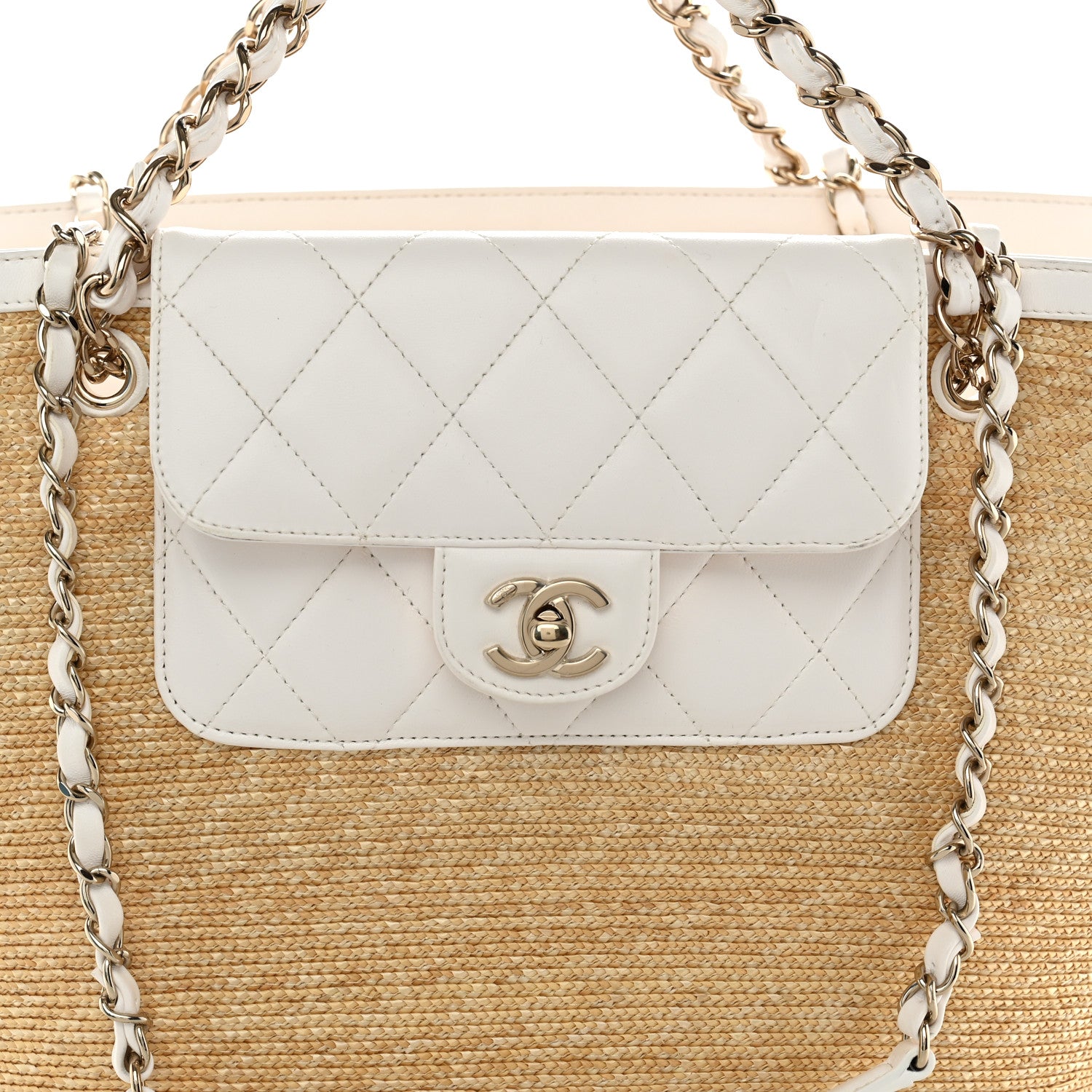 Chanel Raffia Braided Lambskin Large Wicker Tote Beige White 9 of 11