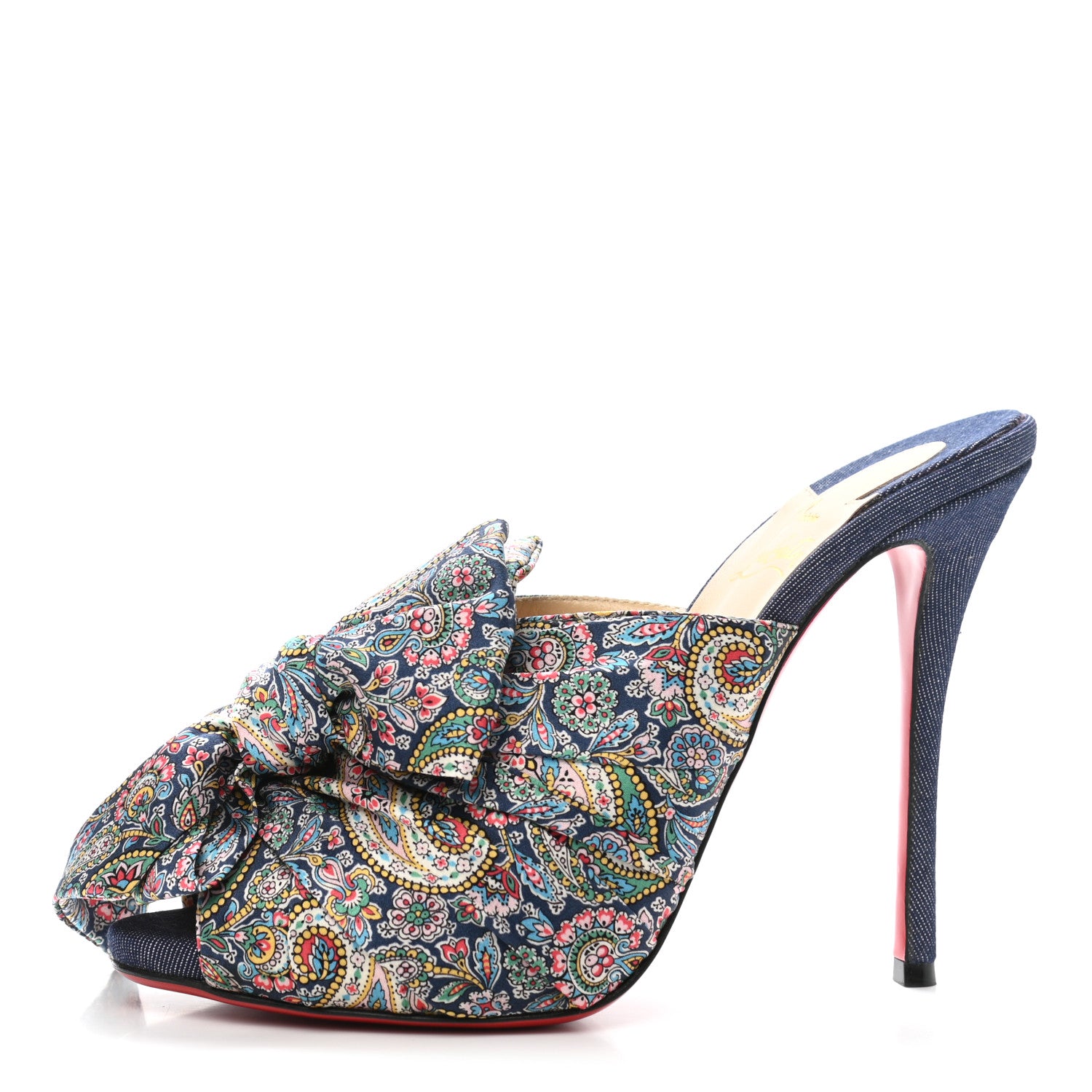 Christian Louboutin Satin Paisley Denim Moniquissima 120 Platform Slide Sandals 39 Positano Blue 1 of 8