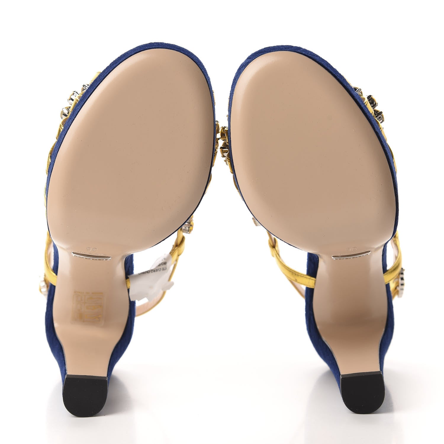 Gucci Velvet Nappa Crystal Zephyra Slingback Platform High Heel Sandals 36 Blue Gold 6 of 9