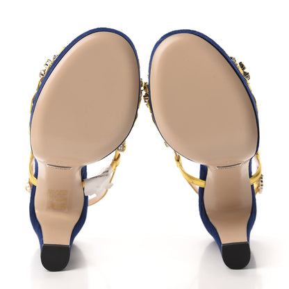 Gucci Velvet Nappa Crystal Zephyra Slingback Platform High Heel Sandals 36 Blue Gold 6 of 9