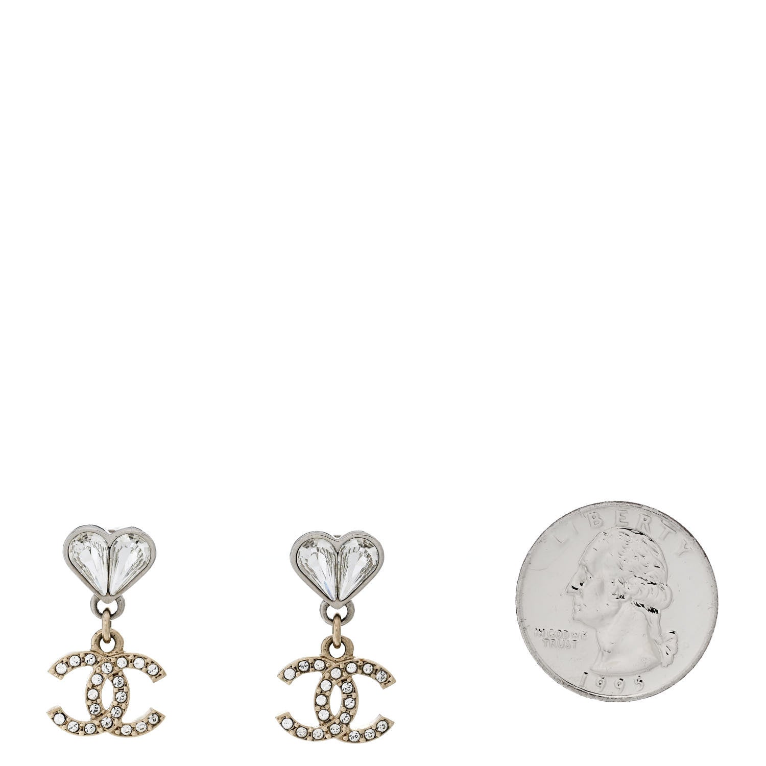Chanel Crystal CC Heart Drop Earrings Gold Silver 2 of 4