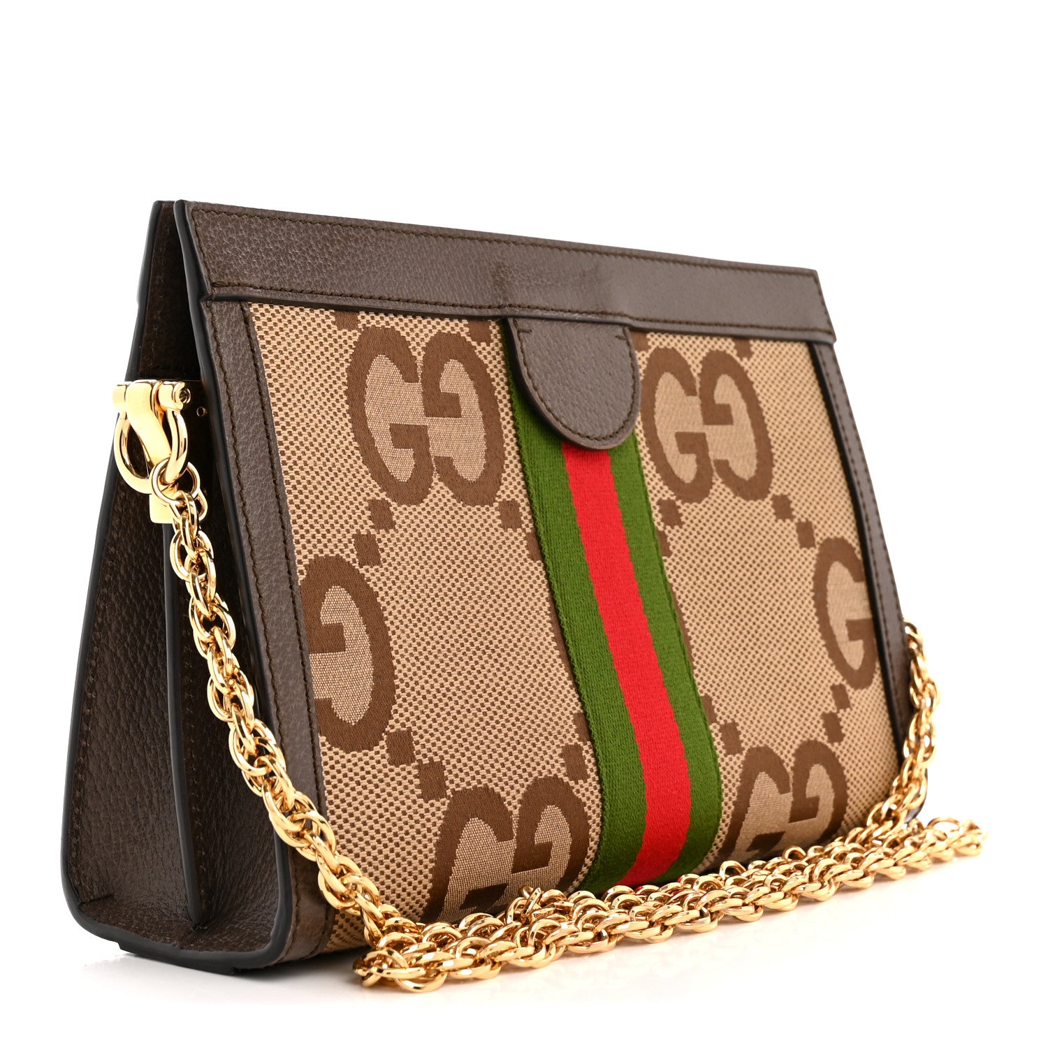 Gucci Monogram Jumbo GG Textured Dollar Calfskin Web Small Ophidia Chain Shoulder Bag Camel Ebony New Acero 3 of 12
