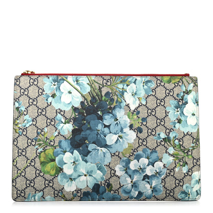 Gucci GG Supreme Monogram Blooms Suede Large Zip Pouch Blue 1 of 9