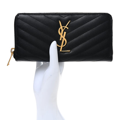 Saint Laurent Grain De Poudre Matelasse Chevron Monogram Zip Around Wallet Black 2 of 7