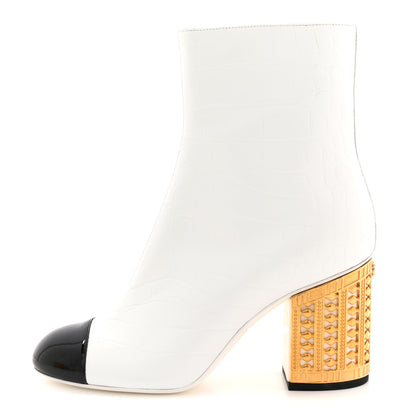 Chanel Calfskin Crocodile Embossed Patent Cap Toe Metiers D'Art Ankle Boots 36 White Black 1 of 12