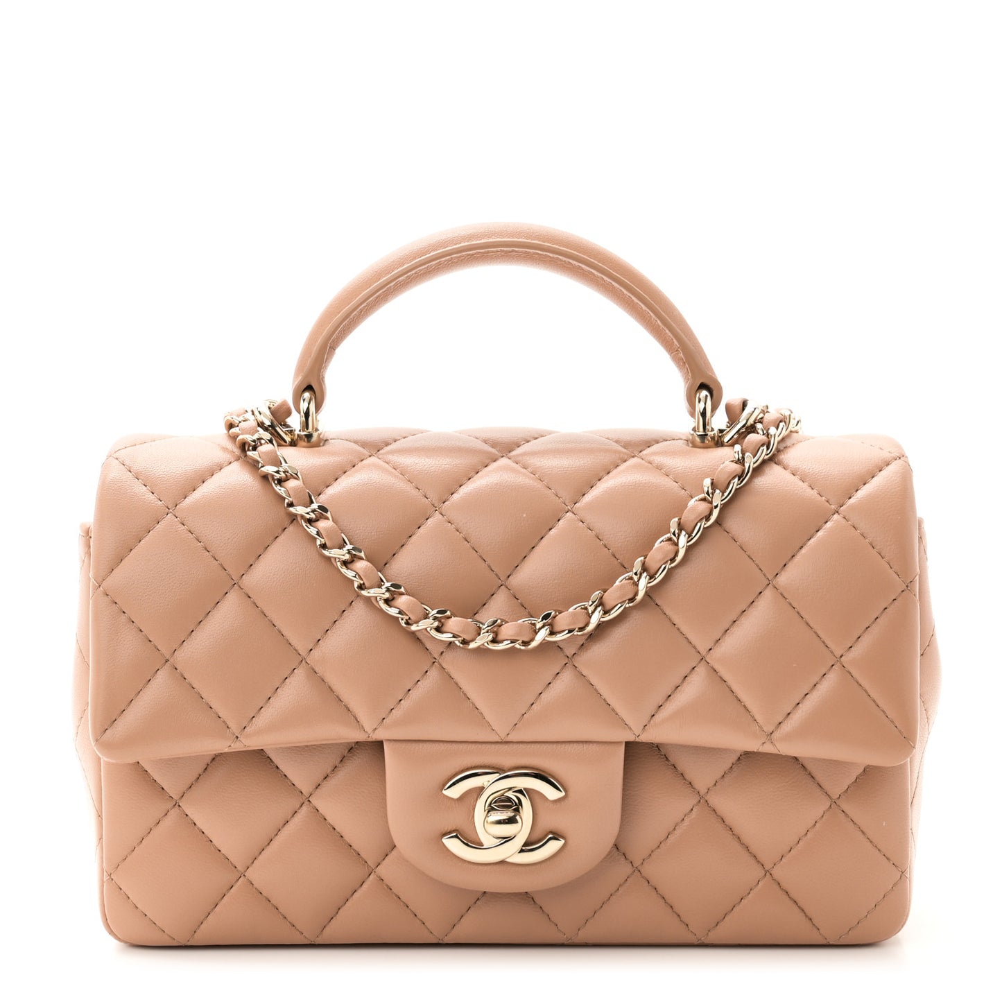 Lambskin Quilted Mini Top Handle Rectangular Flap Beige